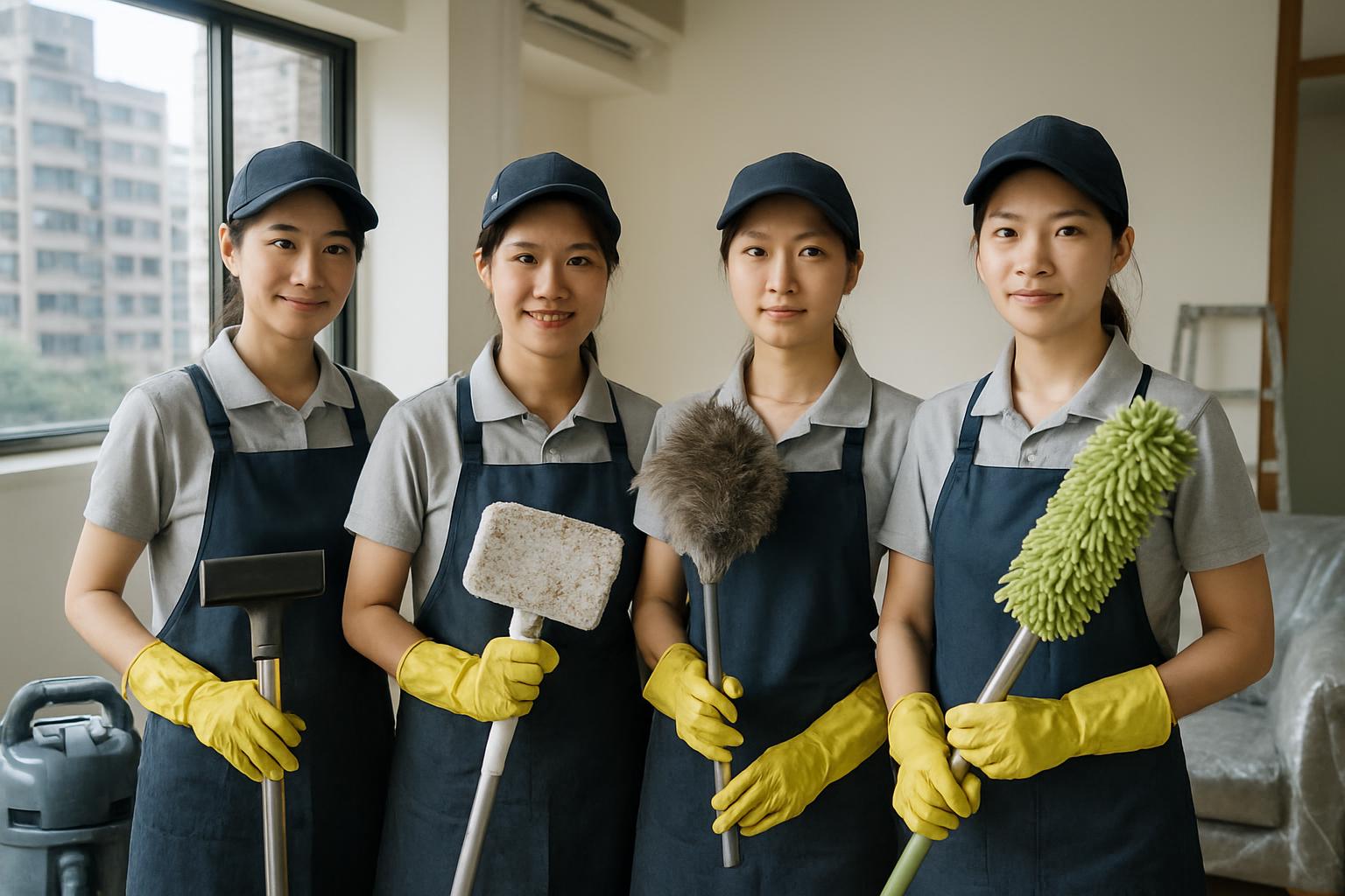2026清潔產業趨勢:女性從事大樓與居家清潔的薪資、工時與政策變化 女性清潔團隊進行居家與商辦清潔