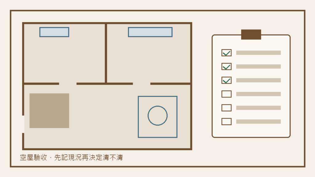 空屋平面與驗收清單示意，先記現況再決定清不清，無人物、無金額