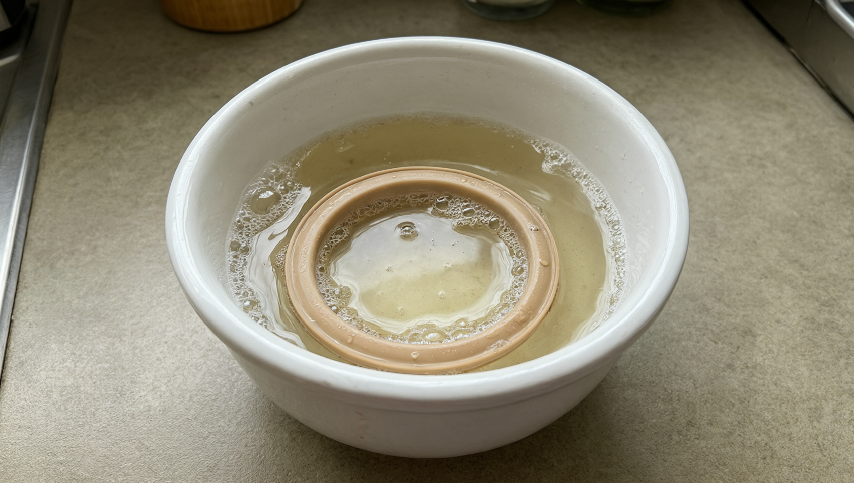 檯面上泡著溫水皂液的矽膠圈瓷碗