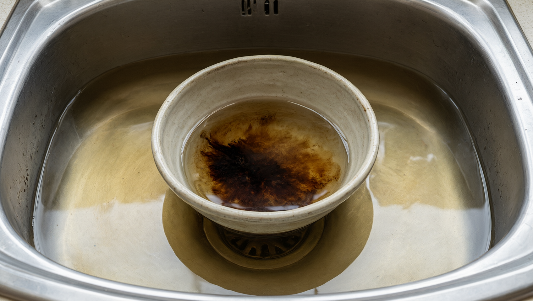 不鏽鋼水槽中浸泡溫水的陶瓷碟漬痕溶解中