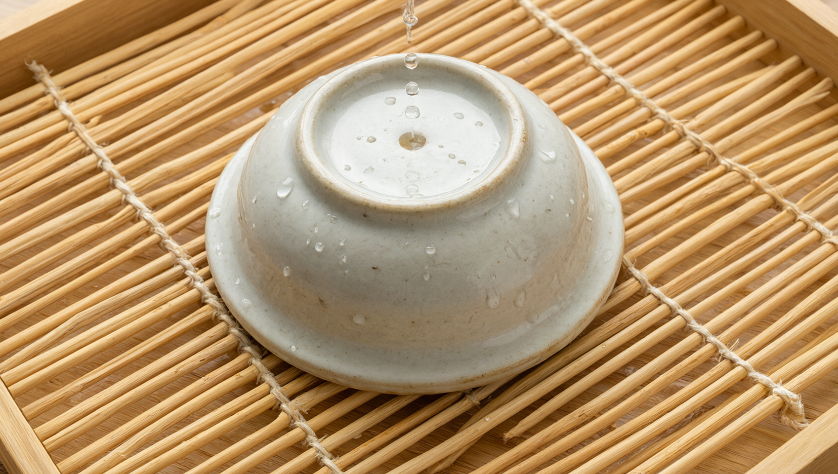 倒扣於竹製晾乾架上沖洗乾淨的陶瓷醬油碟